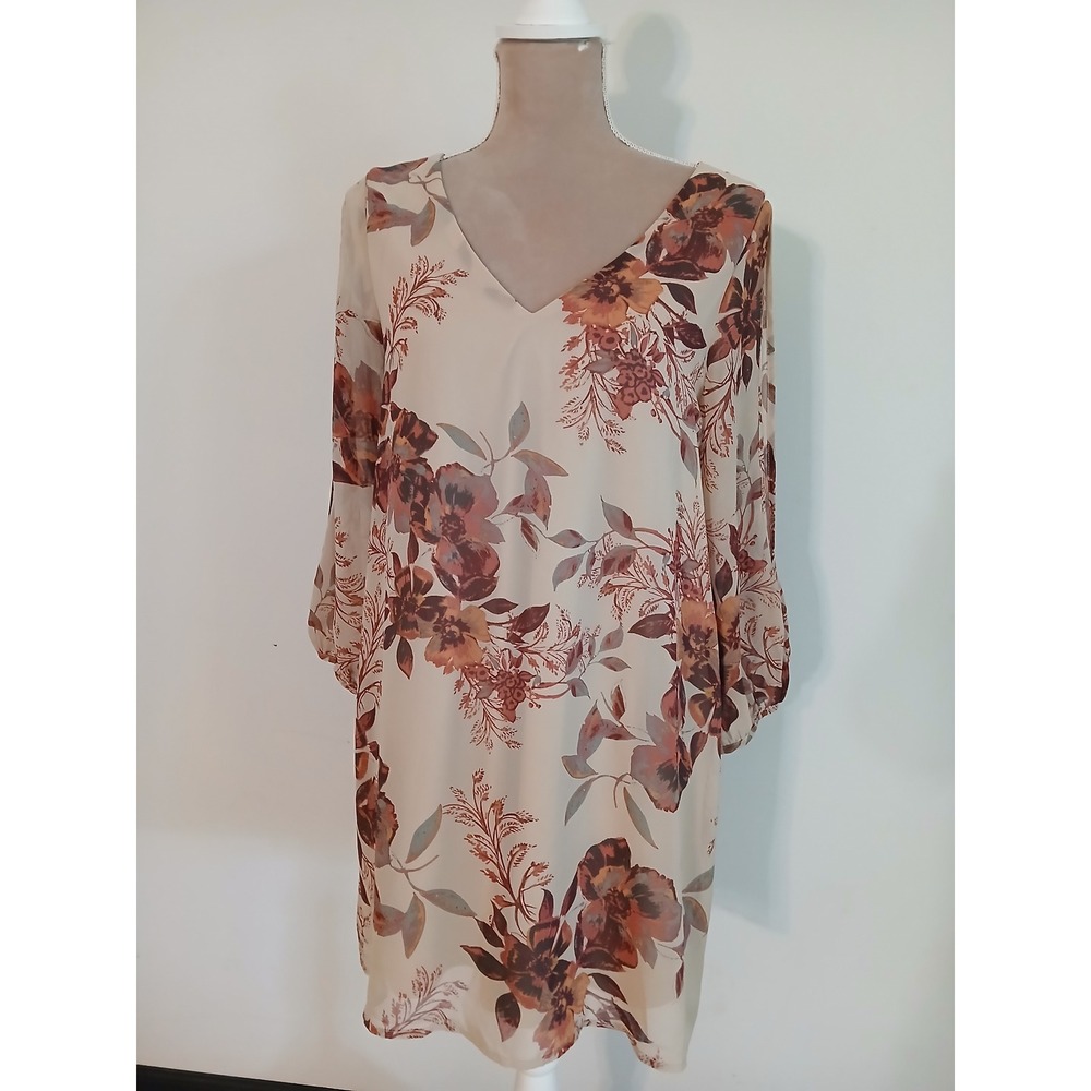 Lulus Floral V-Neck Shift Dress Cream Rust Brown Long Split Sleeve Small
